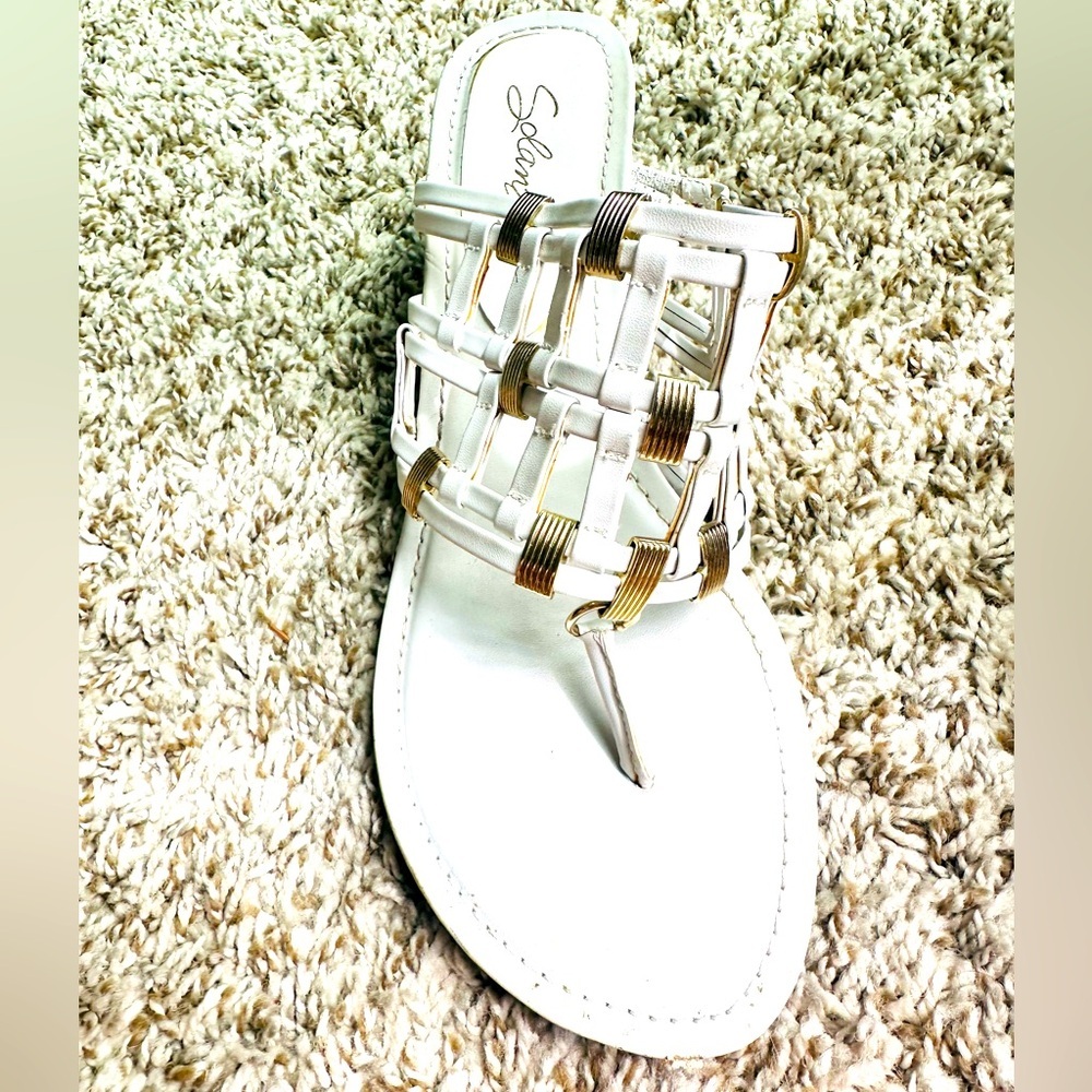 Solanz Women White with Embroidery Gold Clips Design Platform Slip on Sandals 9